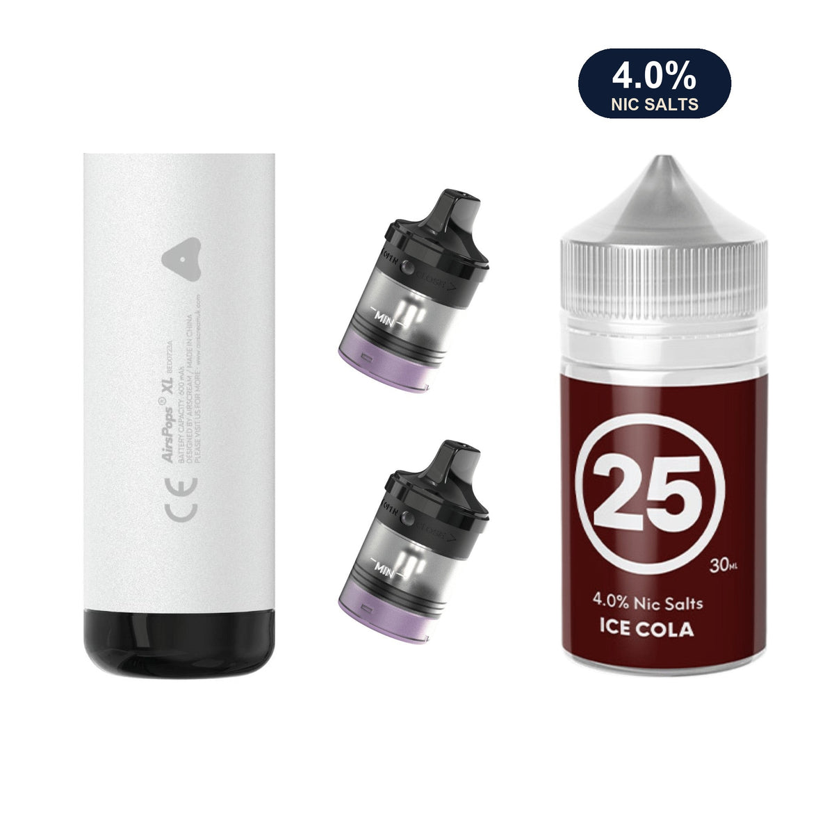 Storm Grey AirsPops XL device, two refillable pods and 313 #25 Ice Cola e-liquid