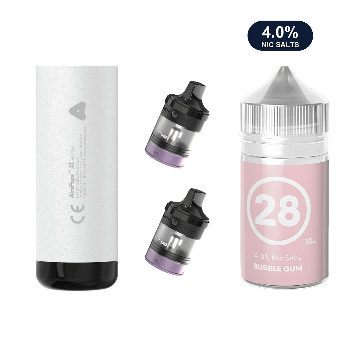 Storm Grey AirsPops XL device, two refillable pods and 313 #28 Bubblegum e-liquid