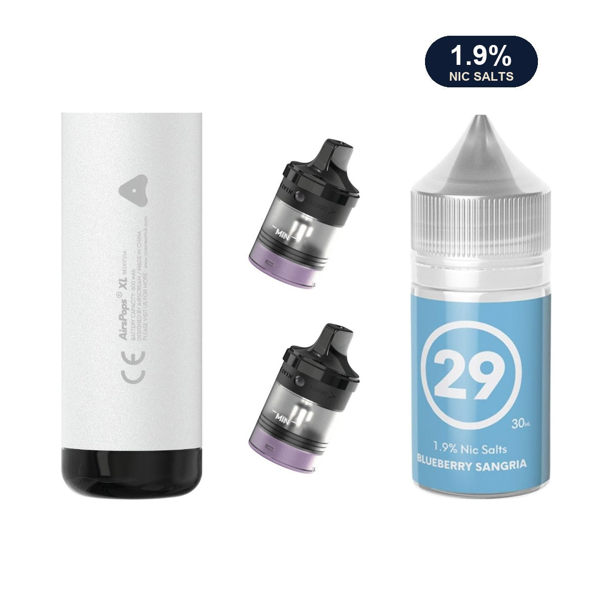 AirsPops XL refill bundle: Storm Grey device, two refillable pods and 313 Blueberry Sangria 1.9% e-liquid