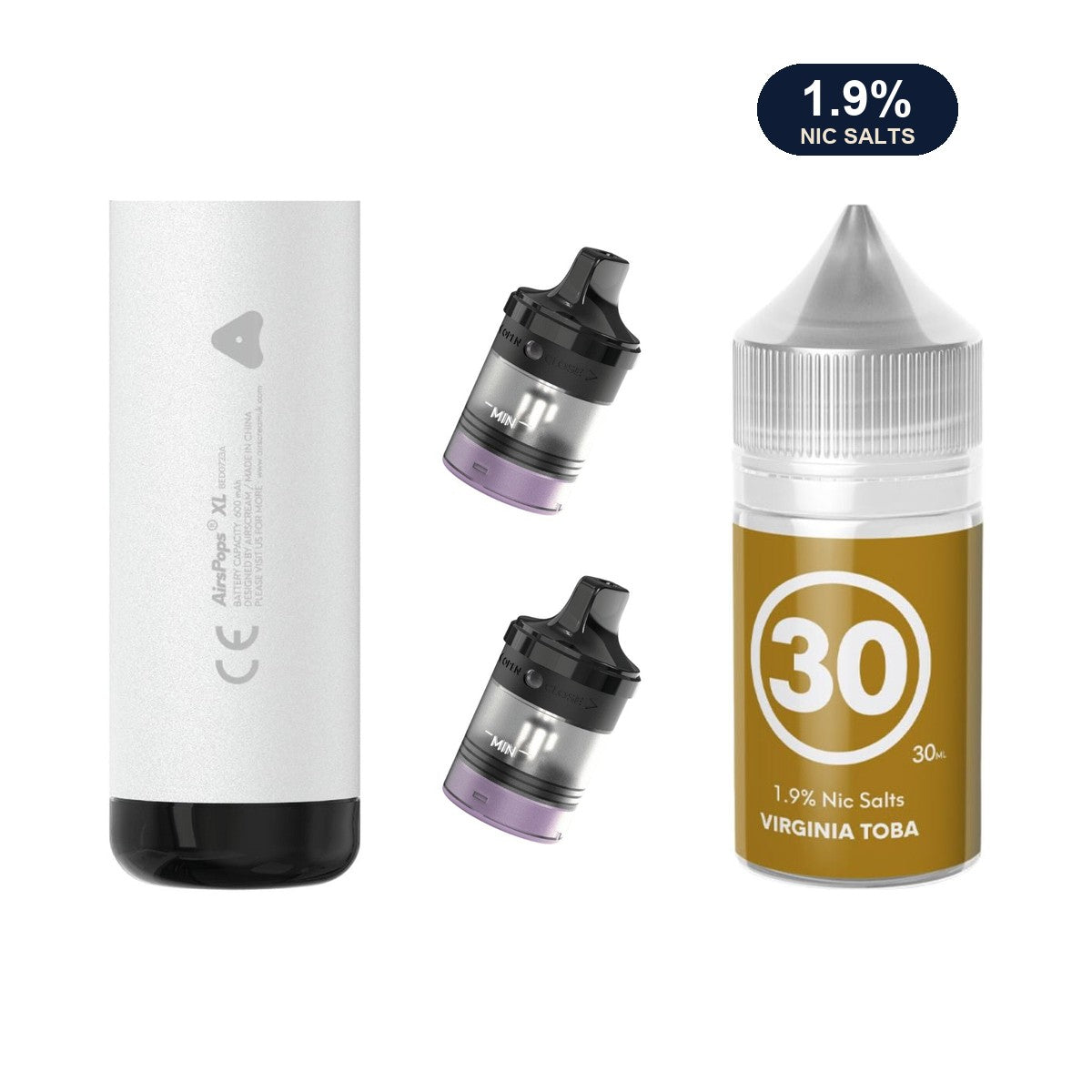 AirsPops XL refill bundle: Storm Grey device, two refillable pods and 313 Virginia Toba 1.9% e-liquid