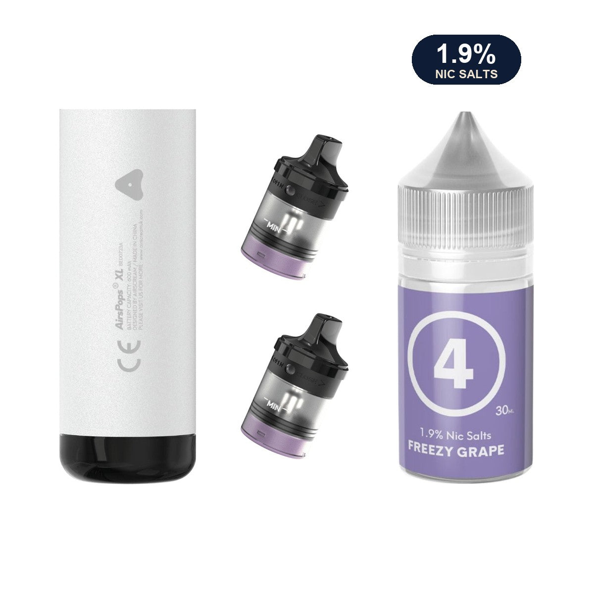 AirsPops XL refill bundle: Storm Grey device, two refillable pods and 313 Freezy Grape 1.9% e-liquid