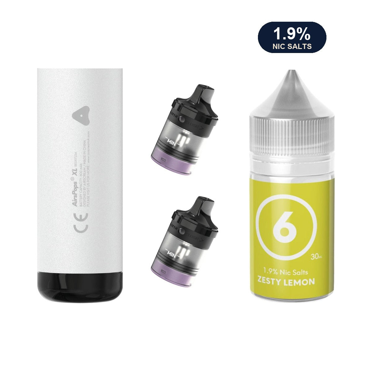 AirsPops XL refill bundle: Storm Grey device, two refillable pods and 313 Zesty Lemon 1.9% e-liquid