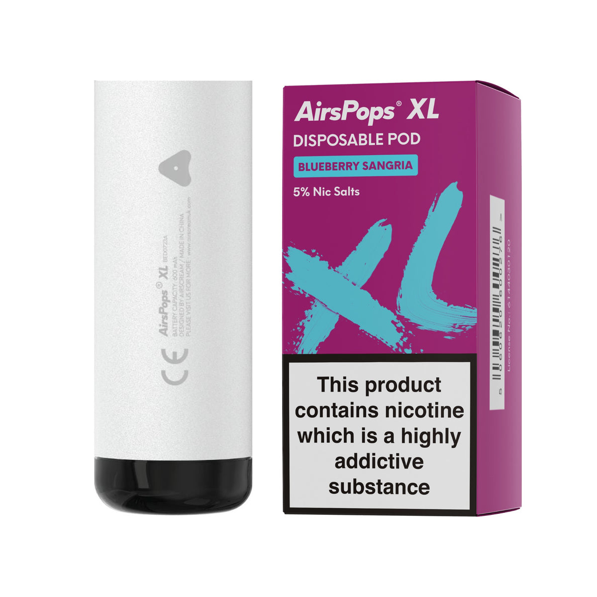 Storm Grey AirsPops XL device with Blueberry Sangria prefilled pod box