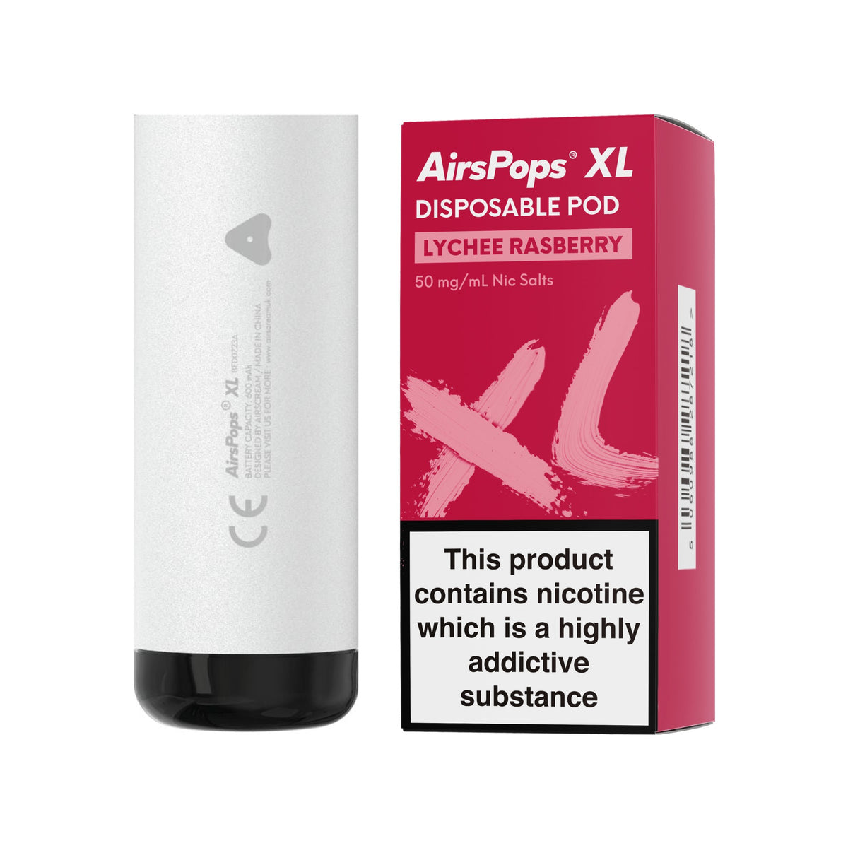 Storm Grey AirsPops XL device with Lychee Raspberry prefilled pod box