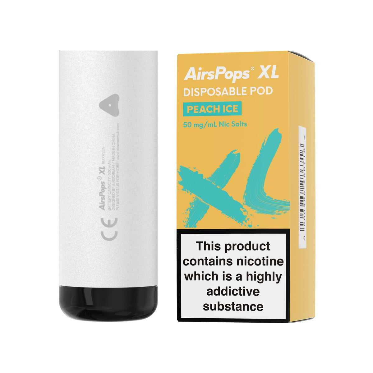 Storm Grey AirsPops XL device with Peach Ice prefilled pod box