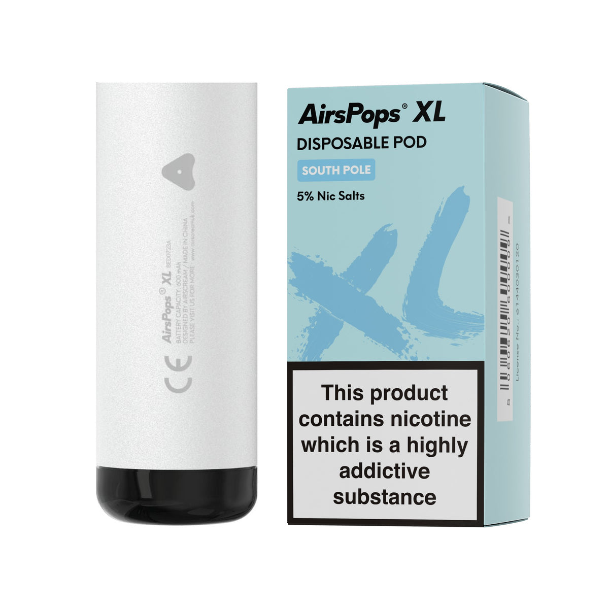 Storm Grey AirsPops XL device with South Pole prefilled pod box